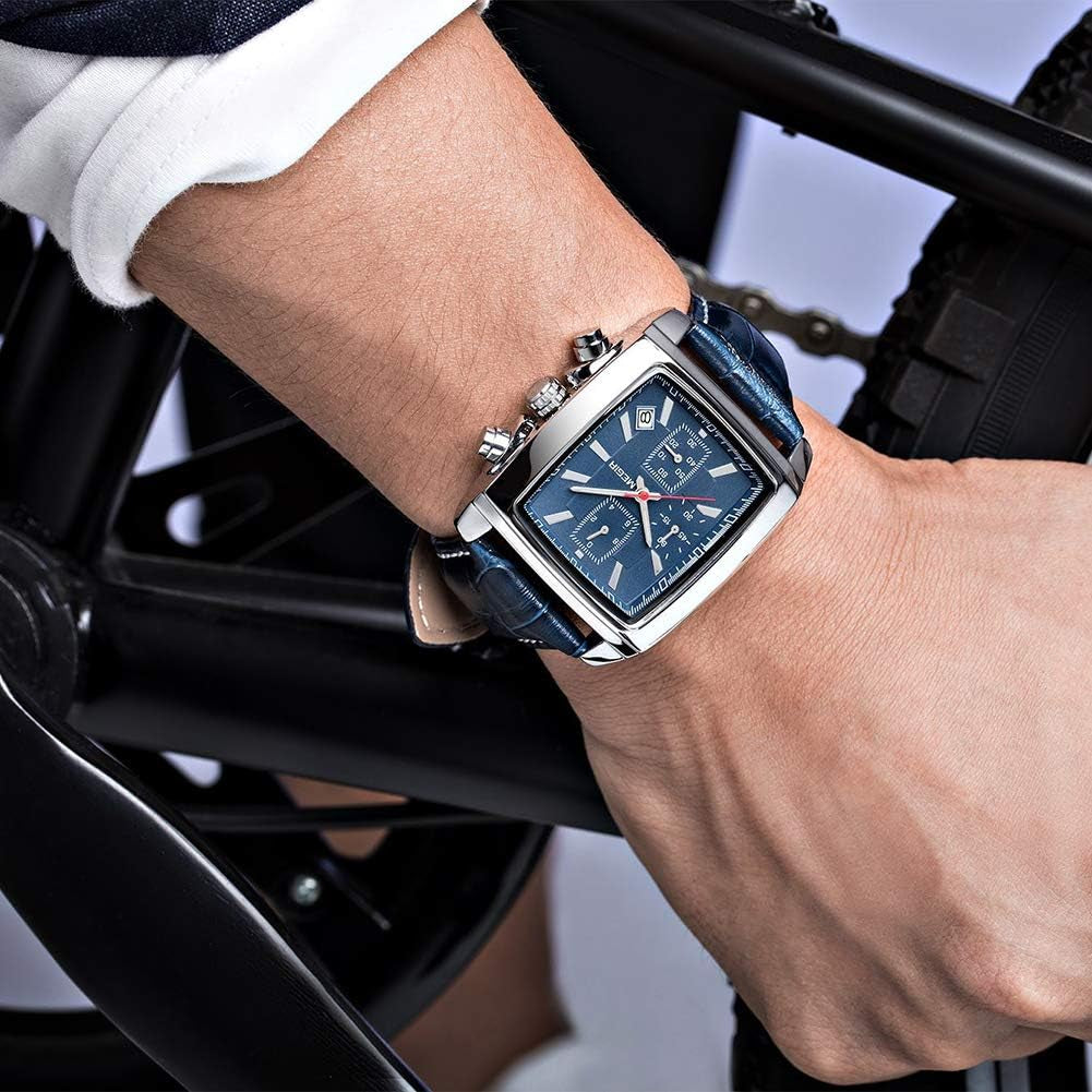 Men'S Business Analog Chronograph Luminous Rectangle Quartz Watch with Stylish Leather Strap for Sport & Work