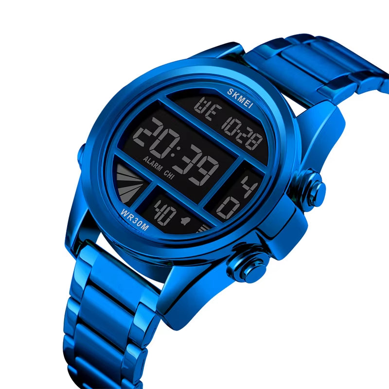 Men’S Digital Sports Watches Luxury Stainless Steel Strap Led Waterproof Chronograph Wristwatch Fashion Male Alarm Clock