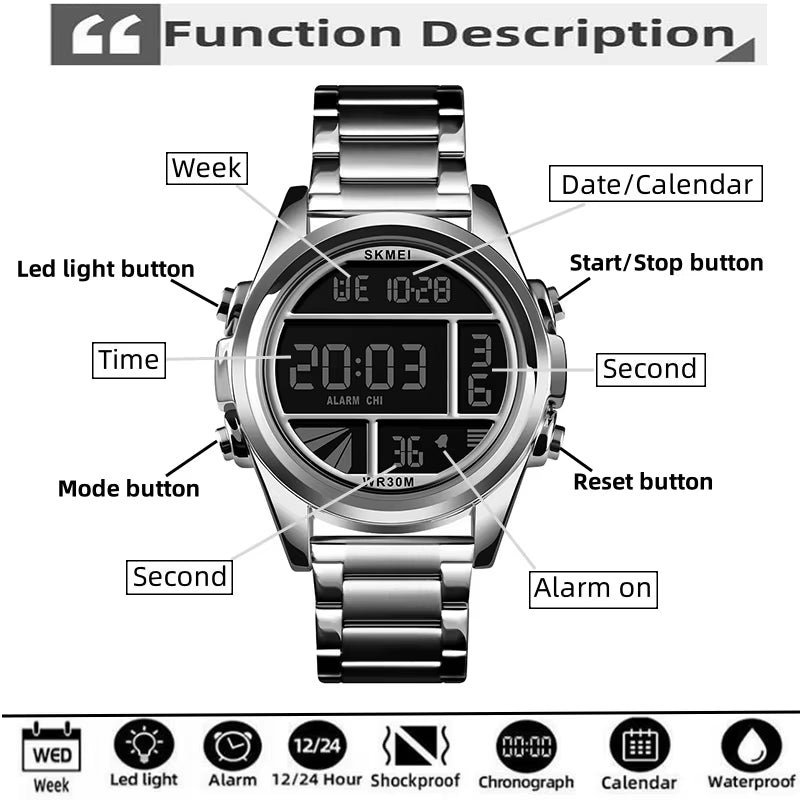 Men’S Digital Sports Watches Luxury Stainless Steel Strap Led Waterproof Chronograph Wristwatch Fashion Male Alarm Clock