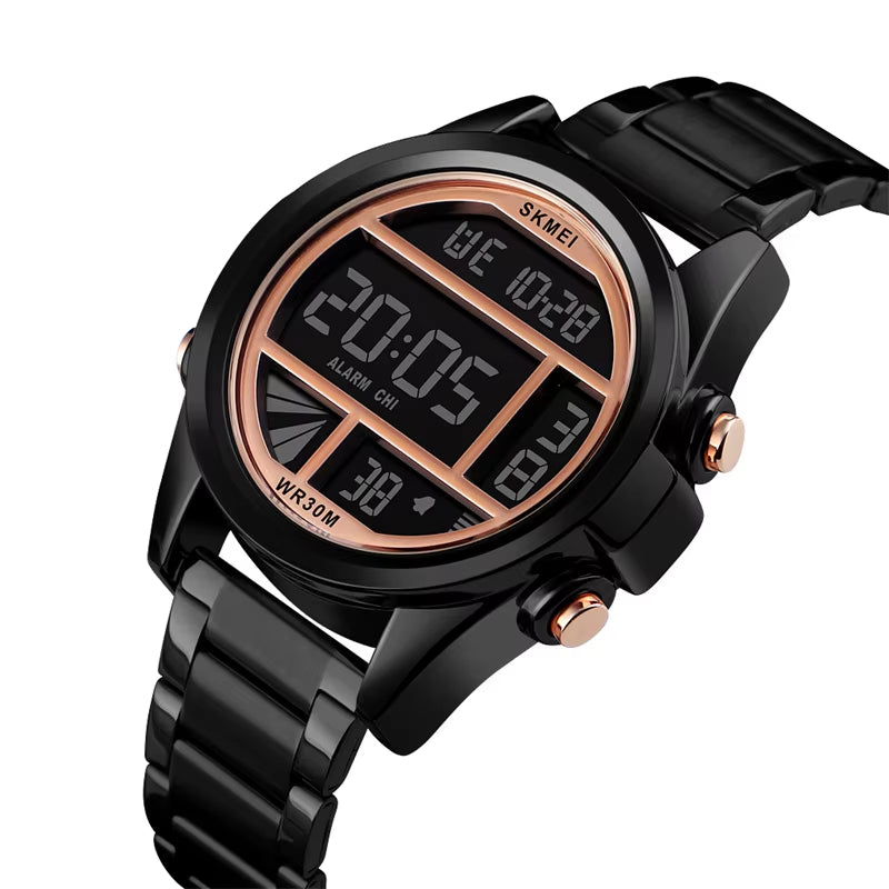 Men’S Digital Sports Watches Luxury Stainless Steel Strap Led Waterproof Chronograph Wristwatch Fashion Male Alarm Clock