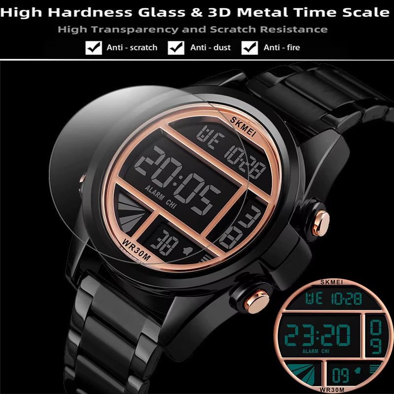 Men’S Digital Sports Watches Luxury Stainless Steel Strap Led Waterproof Chronograph Wristwatch Fashion Male Alarm Clock