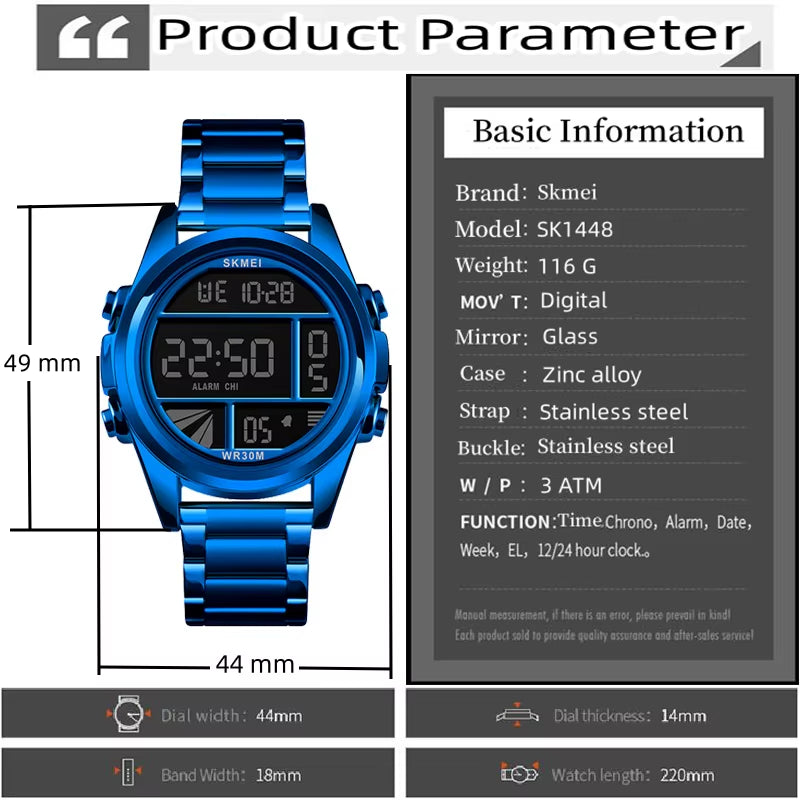 Men’S Digital Sports Watches Luxury Stainless Steel Strap Led Waterproof Chronograph Wristwatch Fashion Male Alarm Clock