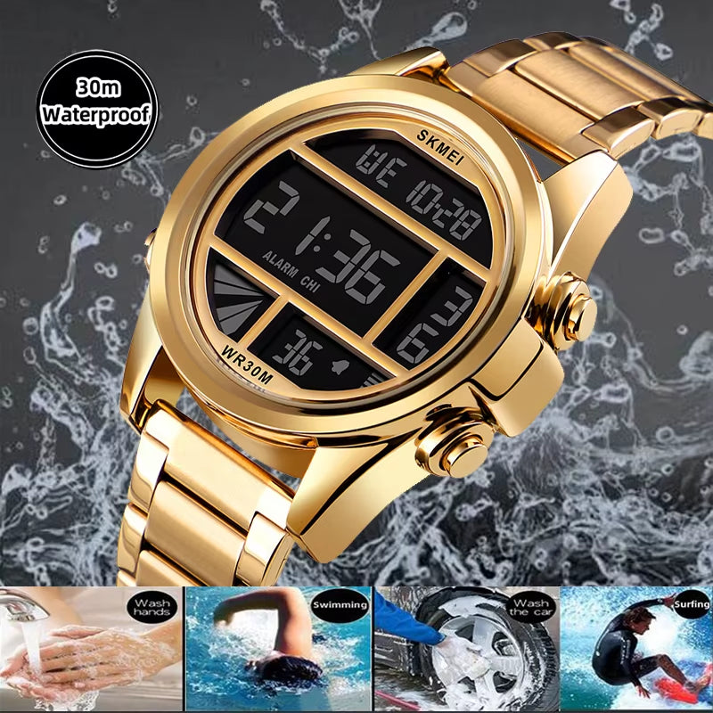 Men’S Digital Sports Watches Luxury Stainless Steel Strap Led Waterproof Chronograph Wristwatch Fashion Male Alarm Clock